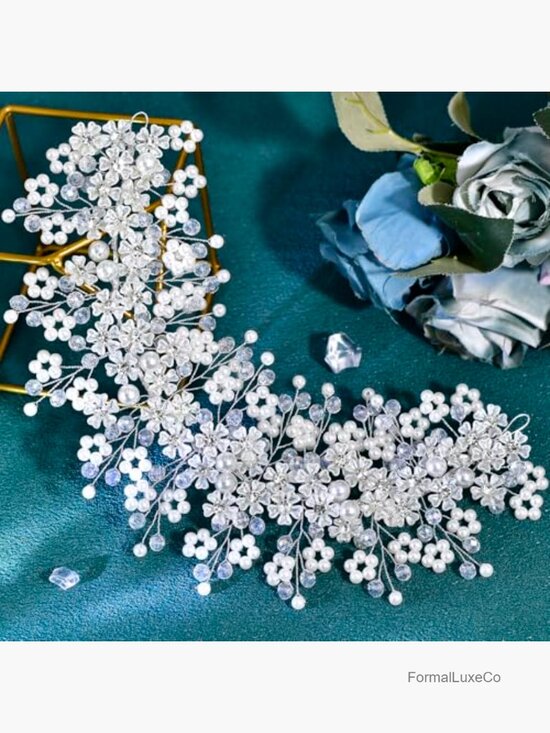 Crystal Pearl Flower Hairband Wedding Headpiece with Rhinestones Handmade main image 4